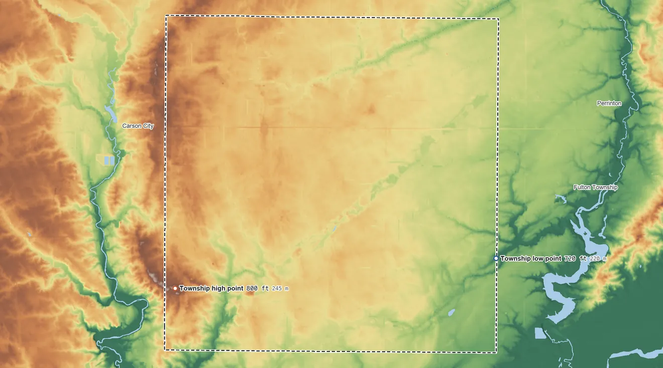 Topographic elevation map of North Shade Township, Michigan, shaded from 720 ft on the southeast side to 800 ft on the southwest side