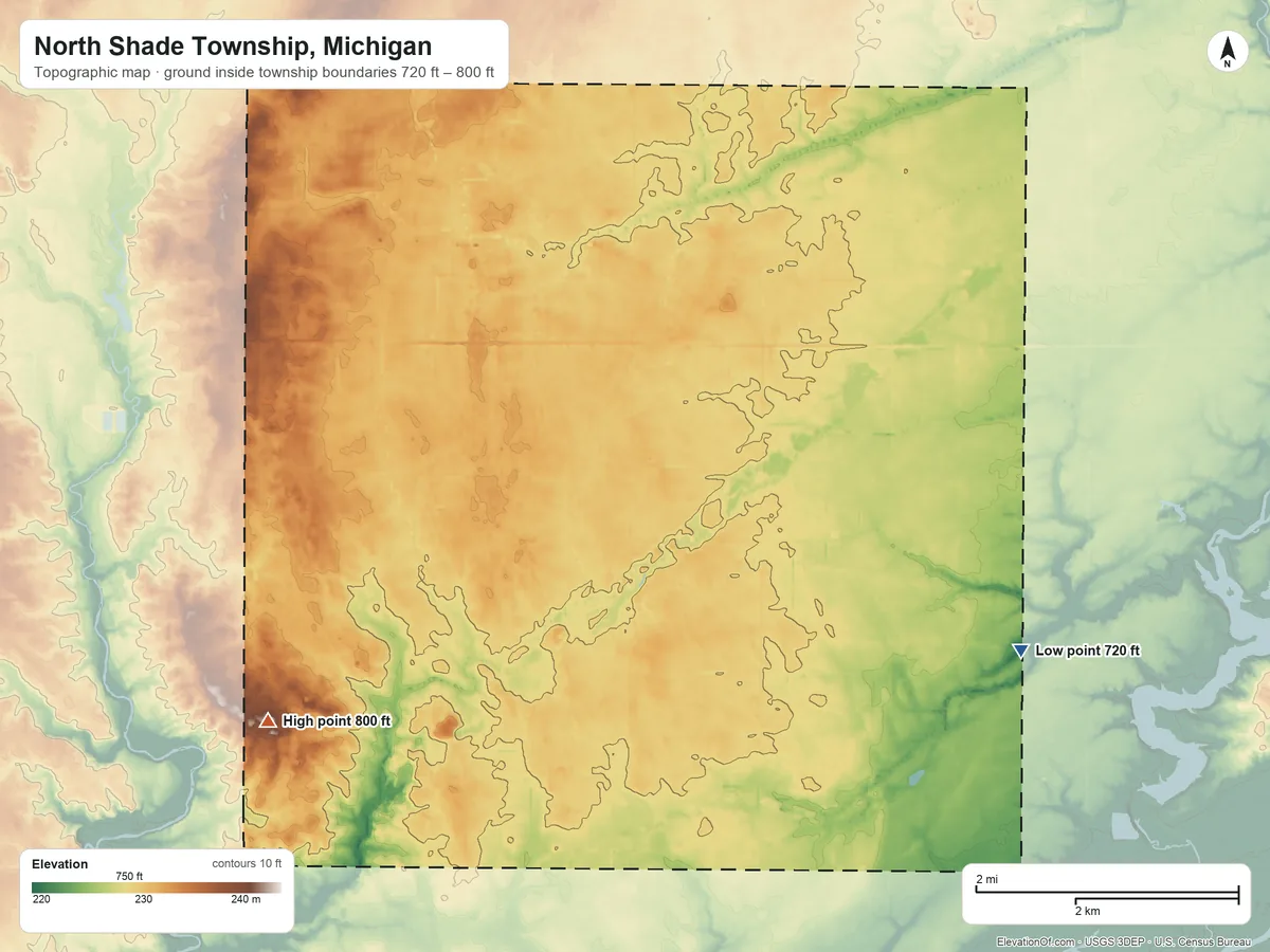 Topographic elevation map of North Shade Township, Michigan, shaded from 720 ft on the southeast side to 800 ft on the southwest side