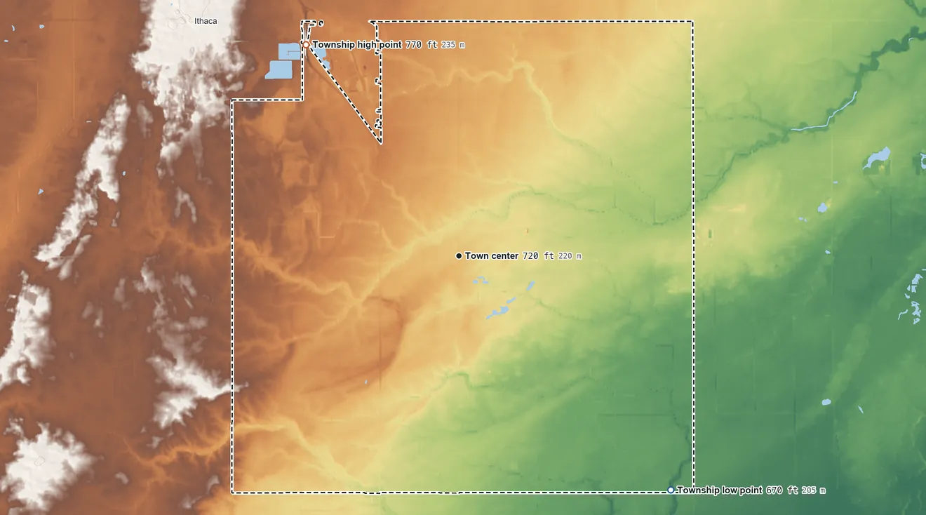 Topographic elevation map of North Star Township, Michigan, shaded from 670 ft on the southeast side to 770 ft on the northwest side