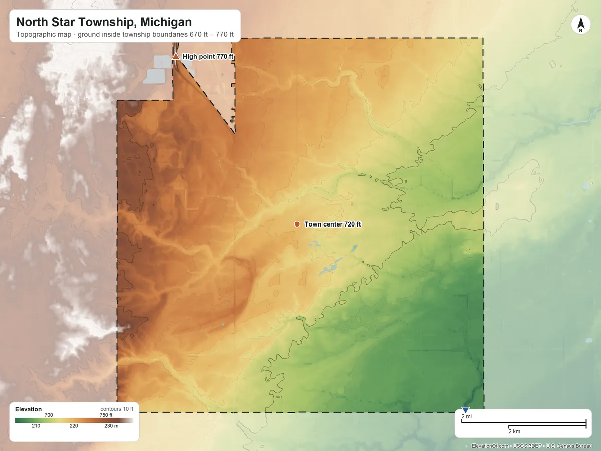 Topographic elevation map of North Star Township, Michigan, shaded from 670 ft on the southeast side to 770 ft on the northwest side