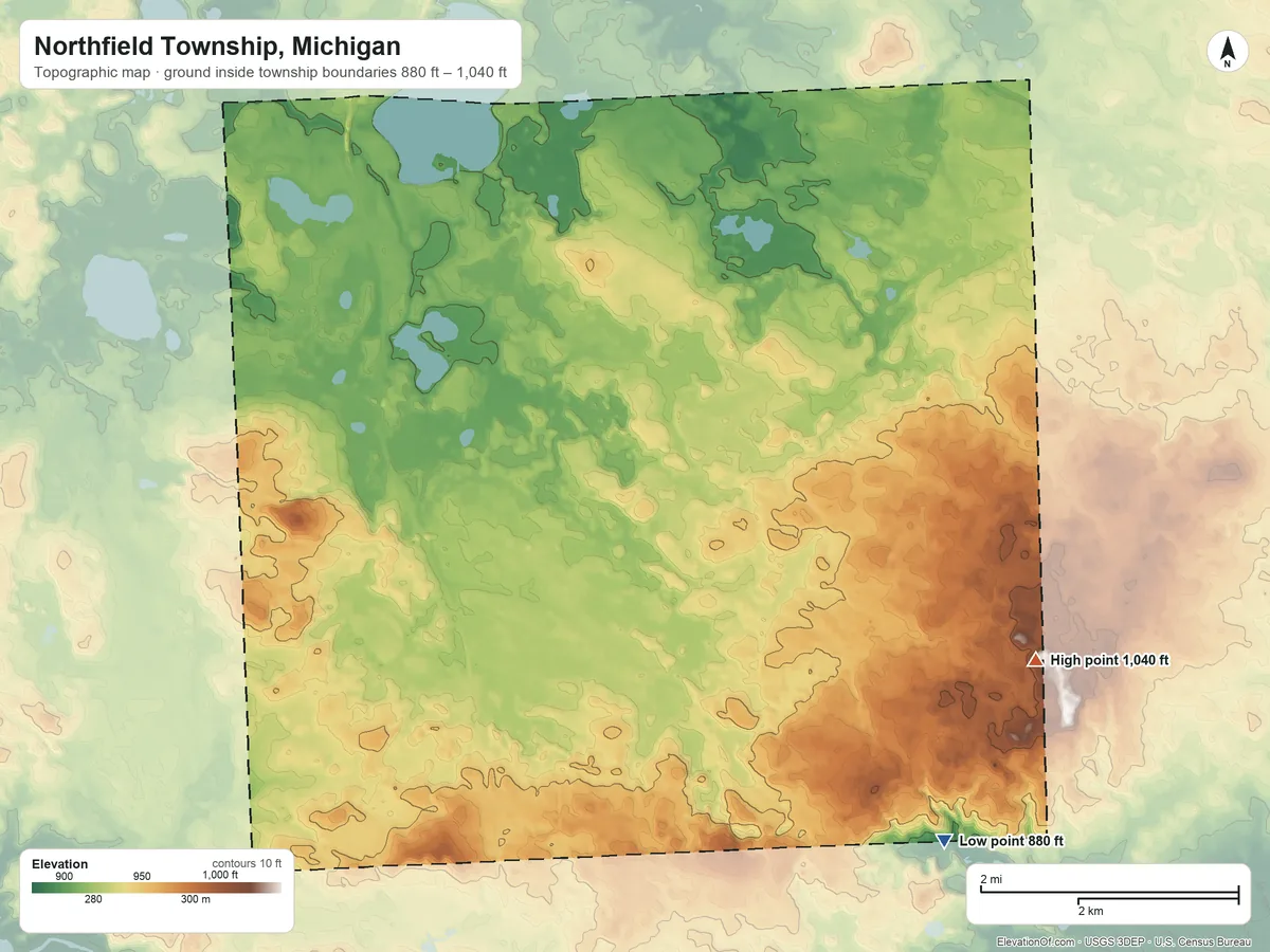 Topographic elevation map of Northfield Township, Michigan, shaded from 880 ft on the southeast side to 1,040 ft on the southeast side