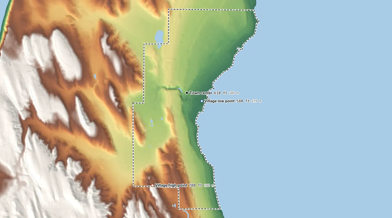 Topographic elevation map of Northport, Michigan, shaded from 580 ft near the middle to 780 ft on the south side