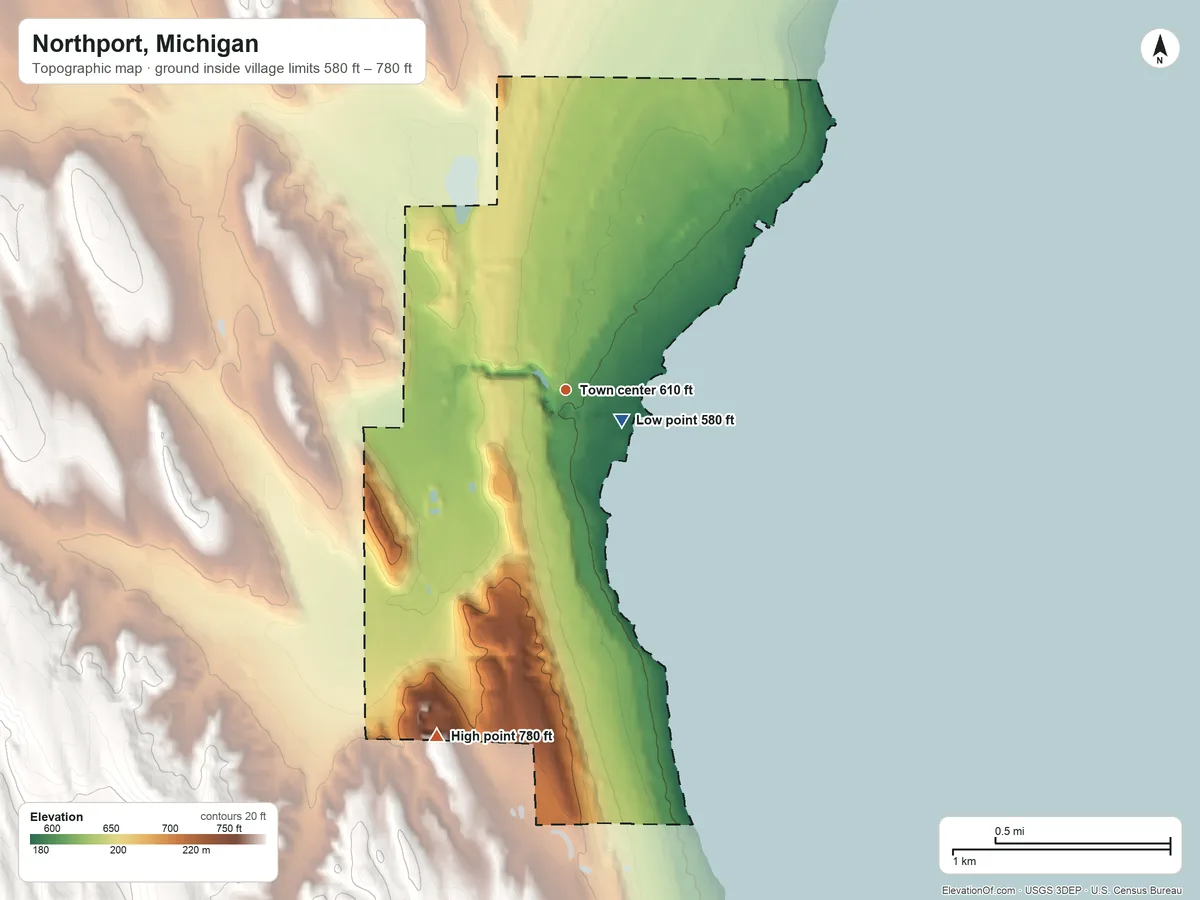 Topographic elevation map of Northport, Michigan, shaded from 580 ft near the middle to 780 ft on the south side