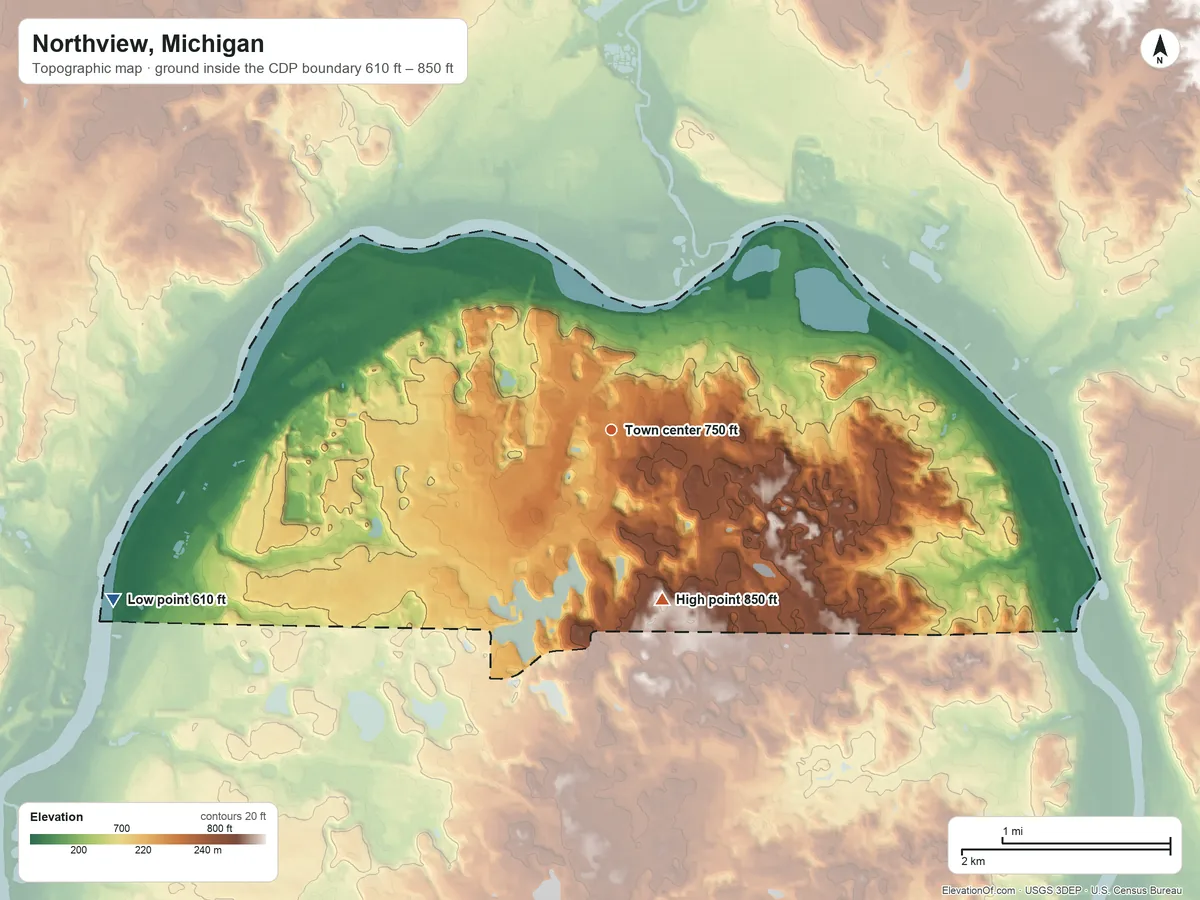 Topographic elevation map of Northview, Michigan, shaded from 610 ft on the west side to 850 ft on the south side