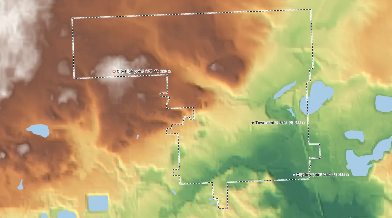 Topographic elevation map of Northville, Michigan, shaded from 760 ft on the southeast side to 970 ft on the west side
