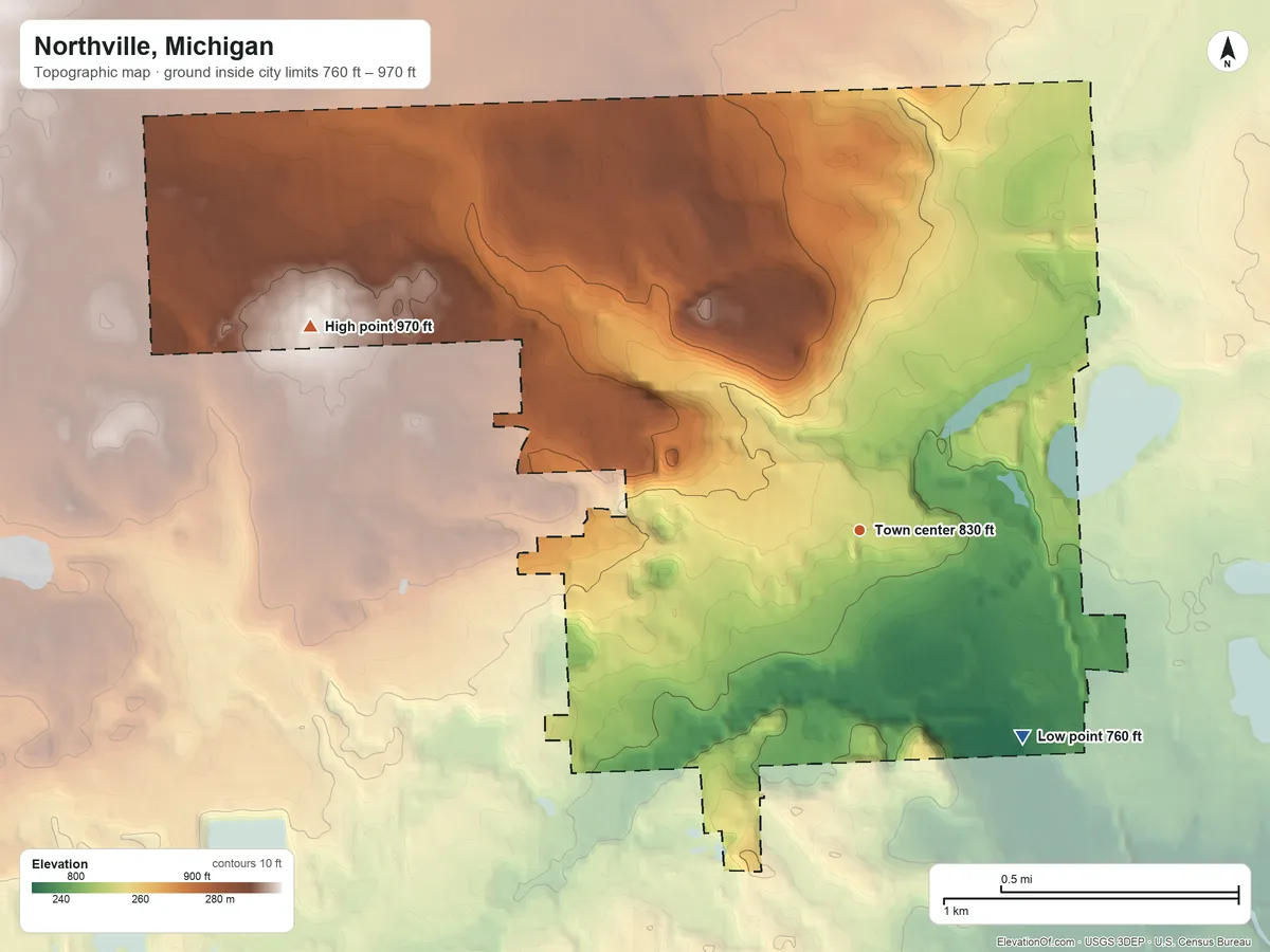 Topographic elevation map of Northville, Michigan, shaded from 760 ft on the southeast side to 970 ft on the west side
