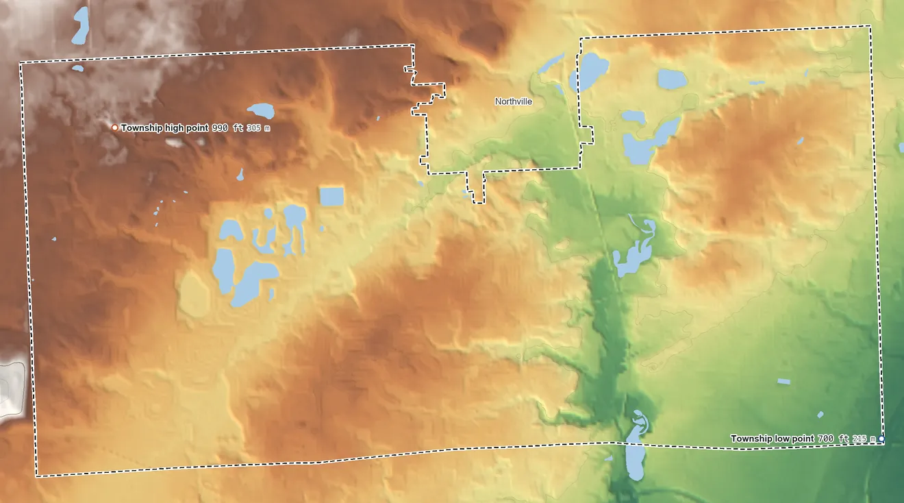 Topographic elevation map of Northville Township, Michigan, shaded from 700 ft on the southeast side to 990 ft on the west side