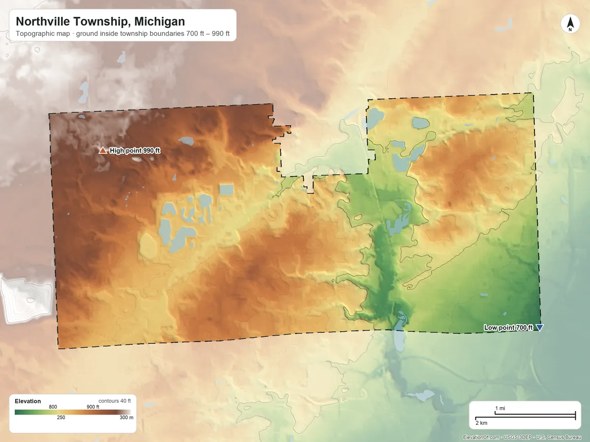 Topographic elevation map of Northville Township, Michigan, shaded from 700 ft on the southeast side to 990 ft on the west side