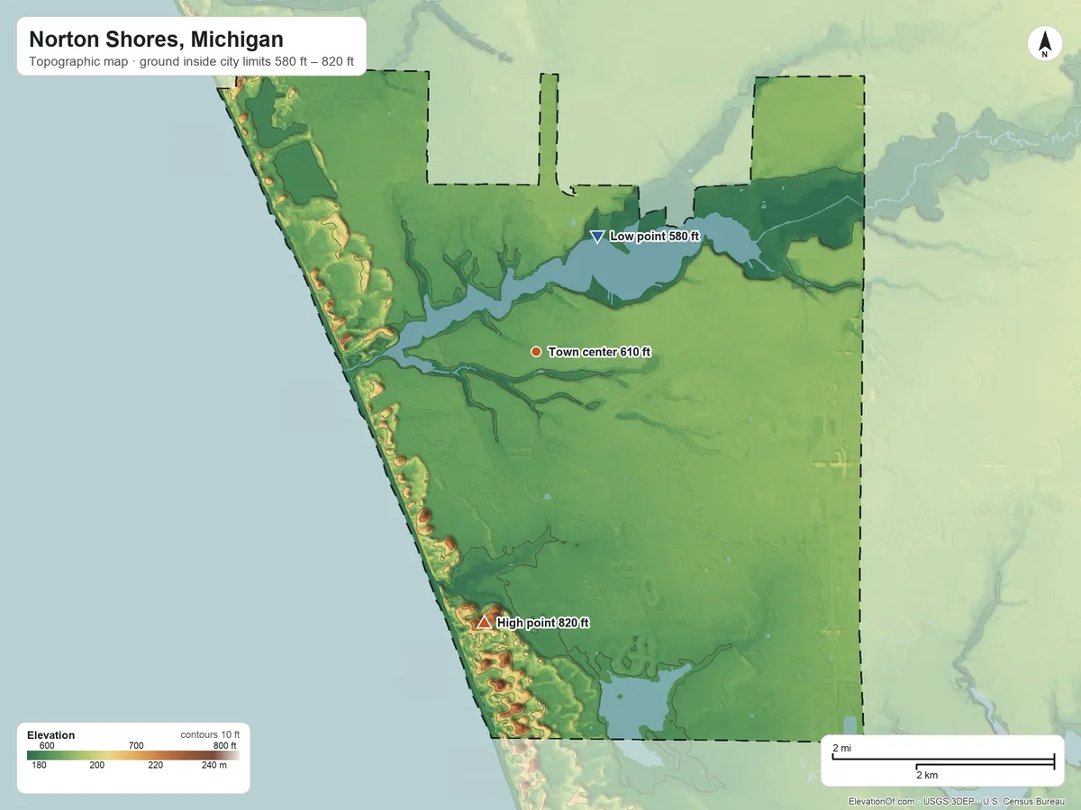 Topographic elevation map of Norton Shores, Michigan, shaded from 580 ft on the northeast side to 820 ft on the south side