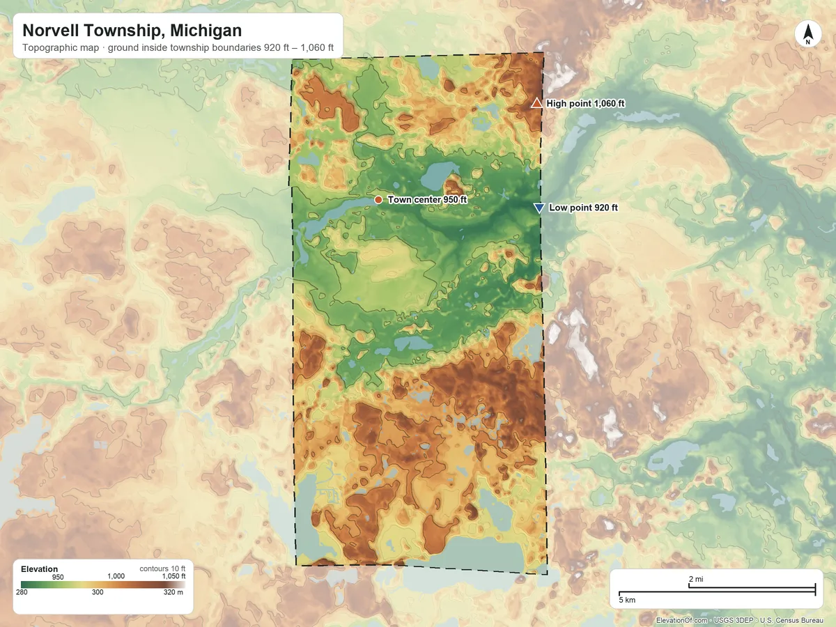 Topographic elevation map of Norvell Township, Michigan, shaded from 920 ft on the east side to 1,060 ft on the northeast side