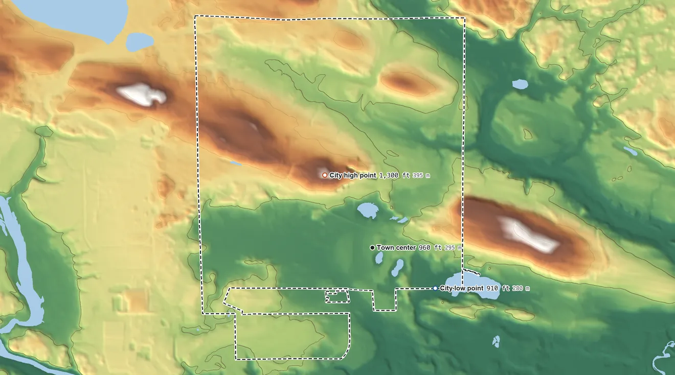 Topographic elevation map of Norway, Michigan, shaded from 910 ft on the southeast side to 1,300 ft on the northwest side