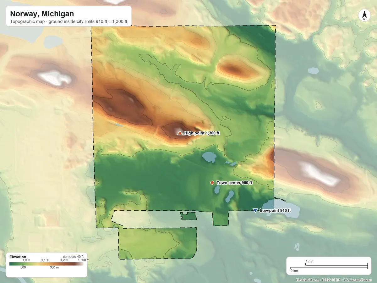 Topographic elevation map of Norway, Michigan, shaded from 910 ft on the southeast side to 1,300 ft on the northwest side