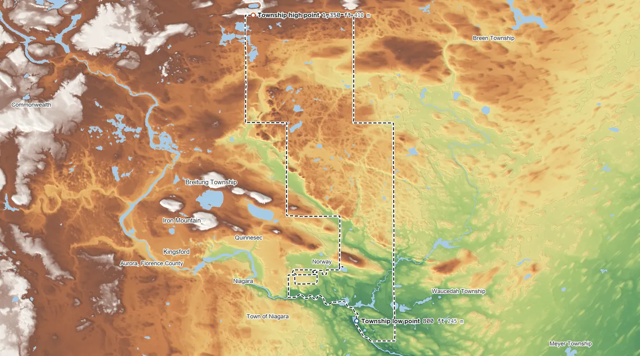 Topographic elevation map of Norway Township, Michigan, shaded from 800 ft on the south side to 1,350 ft on the north side