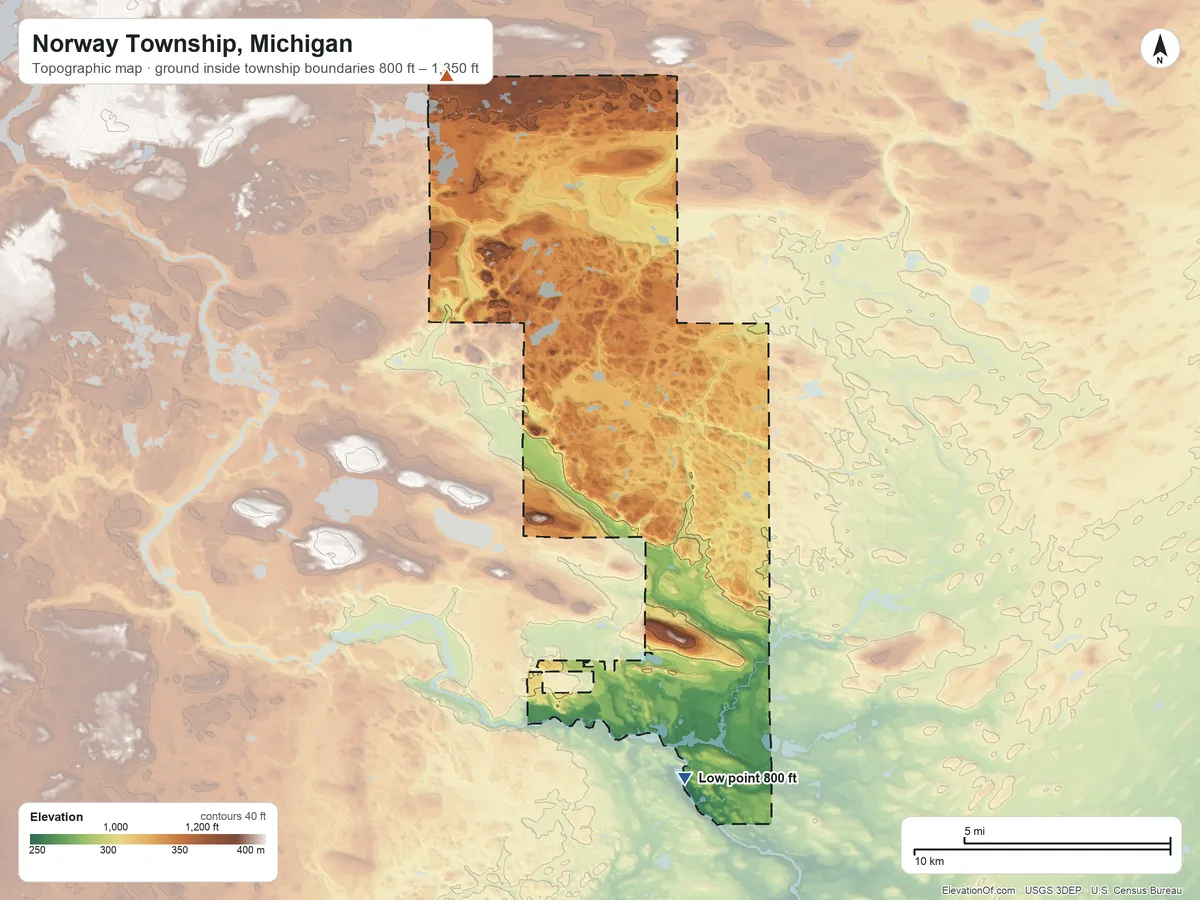 Topographic elevation map of Norway Township, Michigan, shaded from 800 ft on the south side to 1,350 ft on the north side