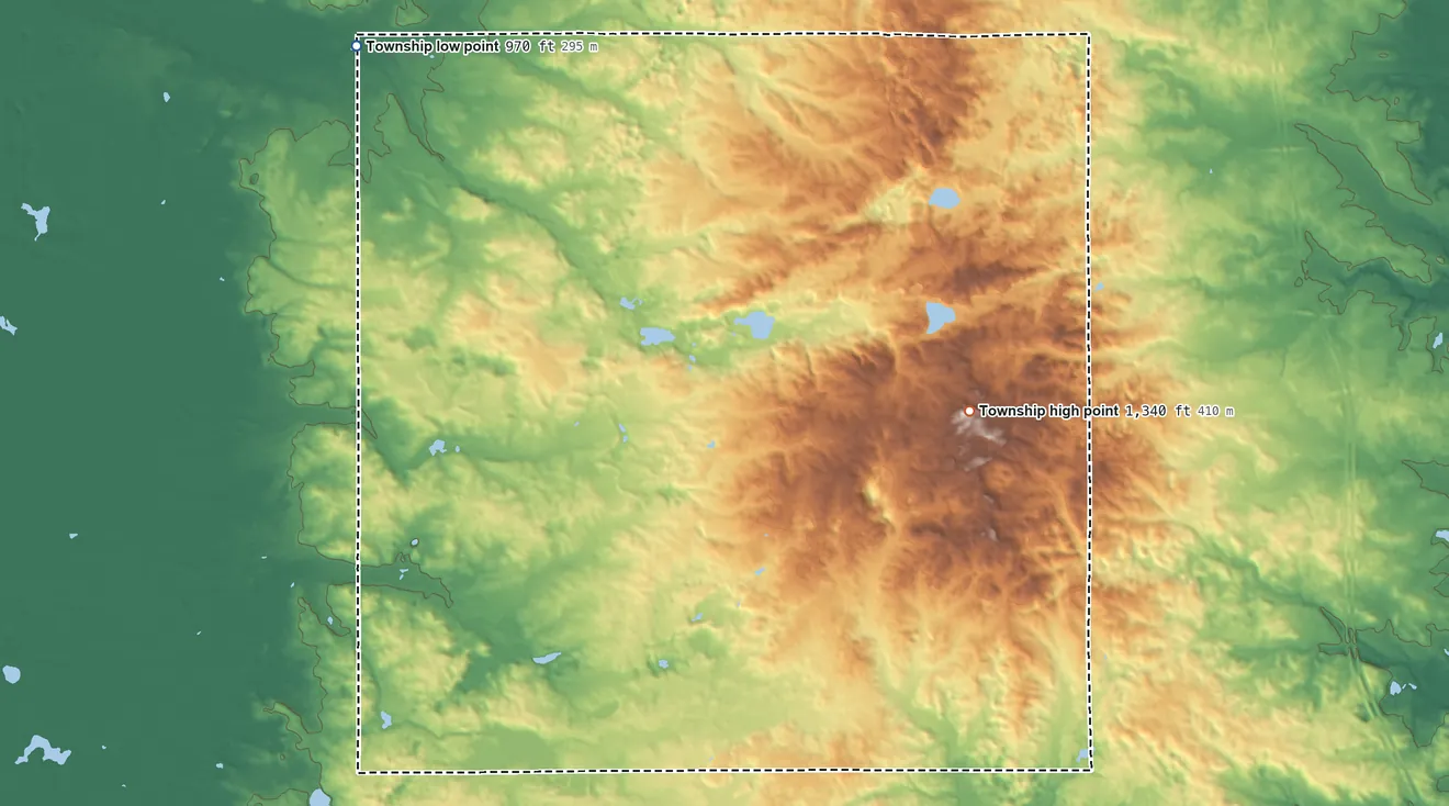 Topographic elevation map of Norwich Township, Newaygo County, Michigan, shaded from 970 ft on the northwest side to 1,340 ft on the northeast side
