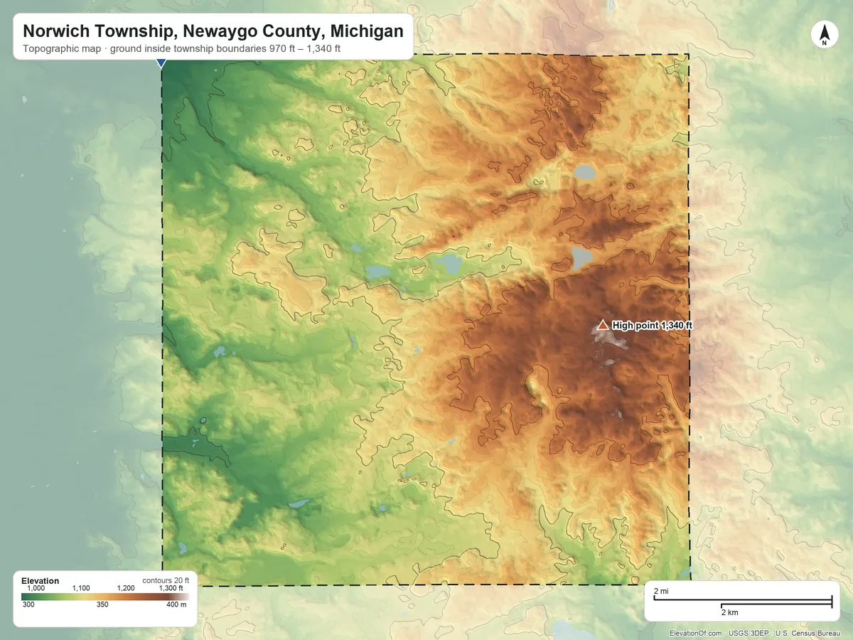 Topographic elevation map of Norwich Township, Newaygo County, Michigan, shaded from 970 ft on the northwest side to 1,340 ft on the northeast side