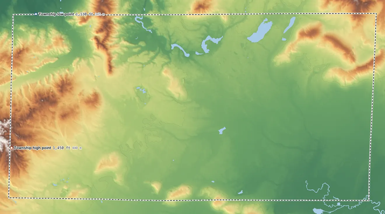 Topographic elevation map of Norwich Township, Michigan, shaded from 1,130 ft on the northwest side to 1,450 ft on the west side