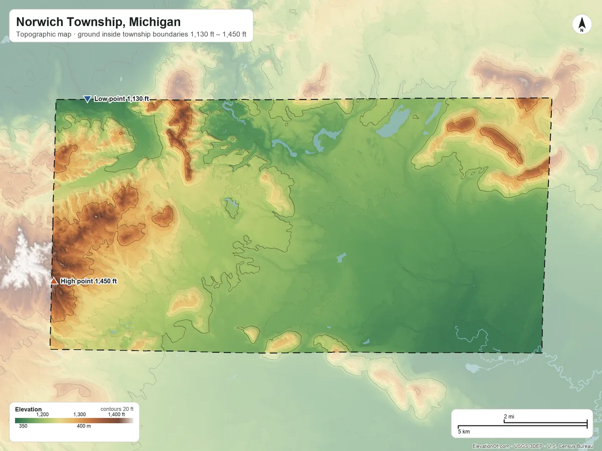 Topographic elevation map of Norwich Township, Michigan, shaded from 1,130 ft on the northwest side to 1,450 ft on the west side