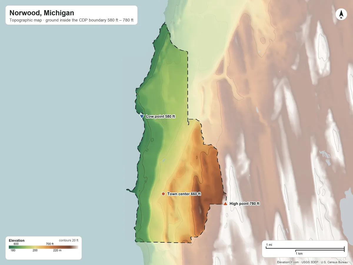Topographic elevation map of Norwood, Michigan, shaded from 580 ft on the north side to 780 ft on the east side