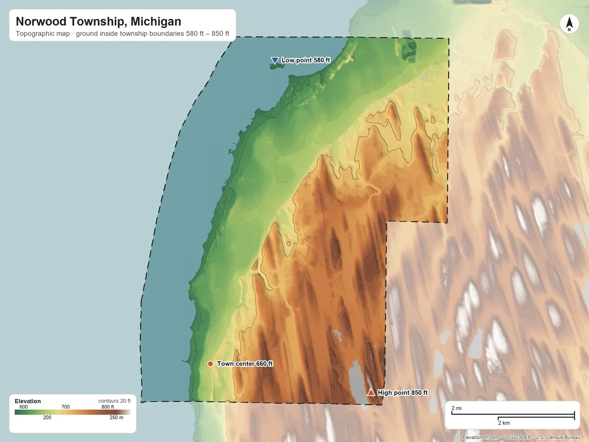 Topographic elevation map of Norwood Township, Michigan, shaded from 580 ft on the north side to 850 ft on the east side