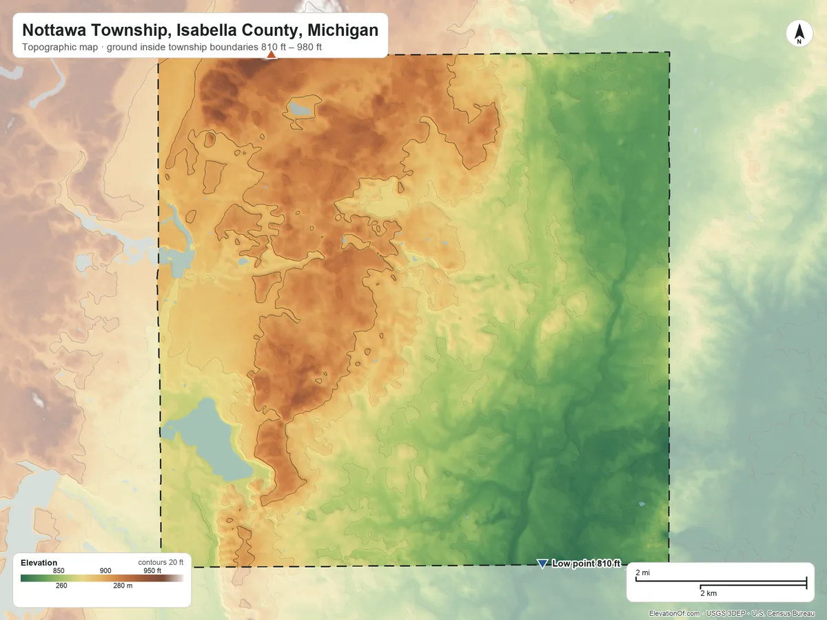 Topographic elevation map of Nottawa Township, Isabella County, Michigan, shaded from 810 ft on the southeast side to 980 ft on the north side