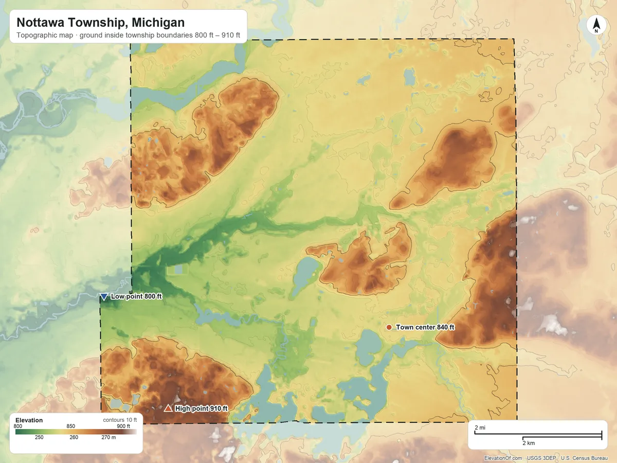 Topographic elevation map of Nottawa Township, Michigan, shaded from 800 ft on the west side to 910 ft on the west side