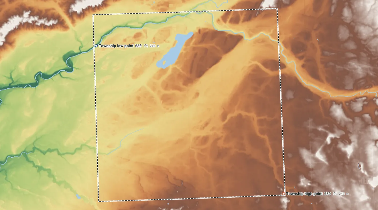 Topographic elevation map of Novesta Township, Michigan, shaded from 680 ft on the northwest side to 780 ft on the southeast side