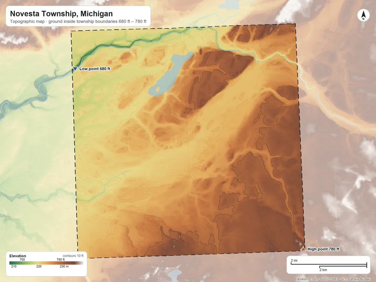 Topographic elevation map of Novesta Township, Michigan, shaded from 680 ft on the northwest side to 780 ft on the southeast side
