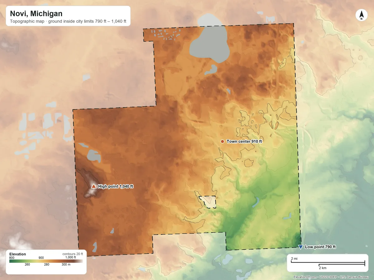 Topographic elevation map of Novi, Michigan, shaded from 790 ft on the southeast side to 1,040 ft on the west side