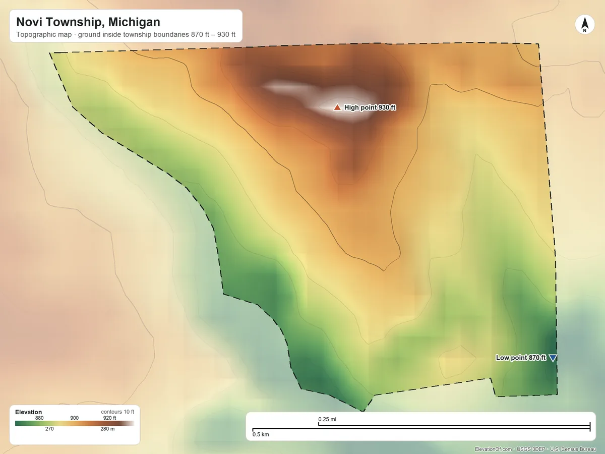 Topographic elevation map of Novi Township, Michigan, shaded from 870 ft on the southeast side to 930 ft on the north side