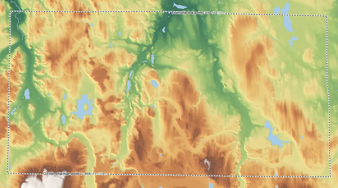 Topographic elevation map of Nunda Township, Michigan, shaded from 760 ft on the northeast side to 1,080 ft on the south side