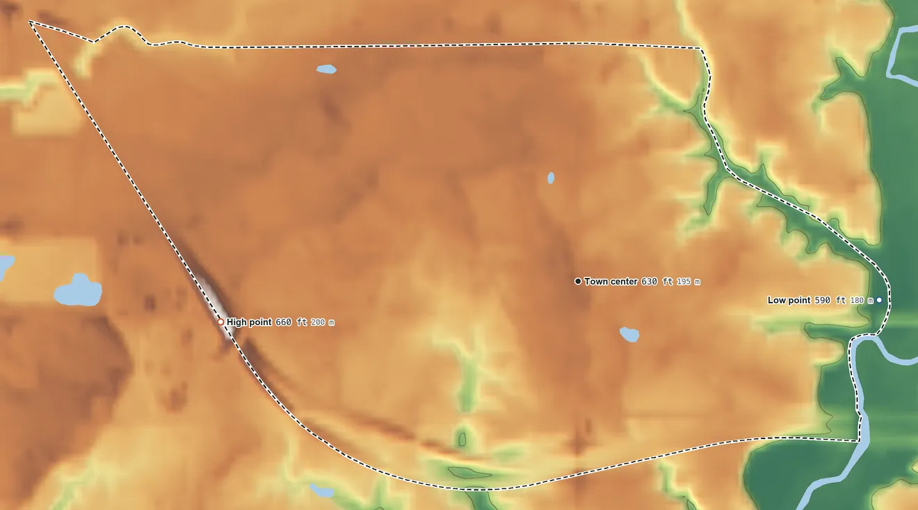Topographic elevation map of Nunica, Michigan, shaded from 590 ft on the east side to 660 ft on the west side