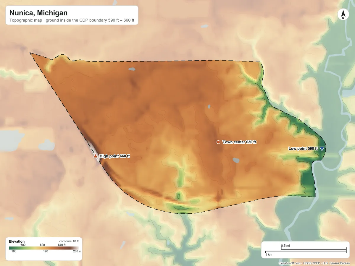 Topographic elevation map of Nunica, Michigan, shaded from 590 ft on the east side to 660 ft on the west side