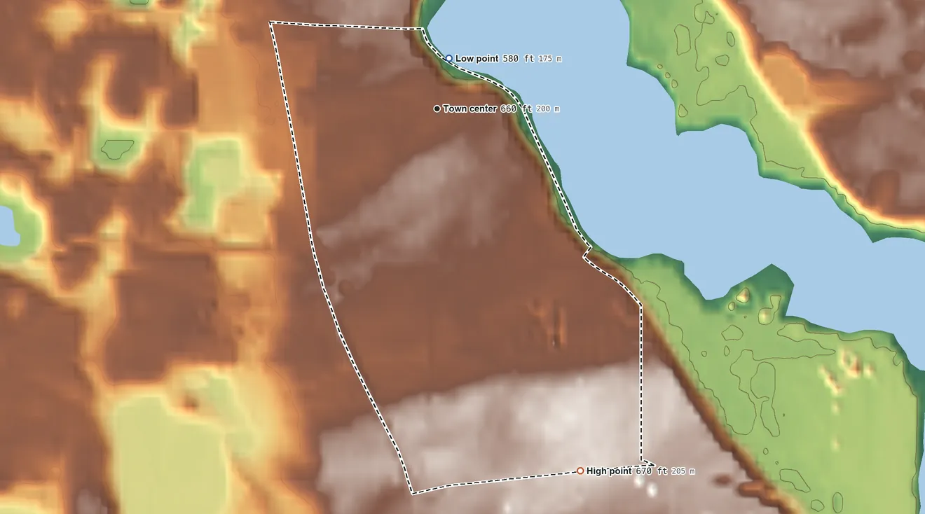 Topographic elevation map of Oak Hill, Michigan, shaded from 580 ft near the middle to 670 ft on the south side