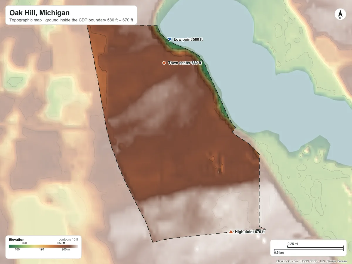 Topographic elevation map of Oak Hill, Michigan, shaded from 580 ft near the middle to 670 ft on the south side