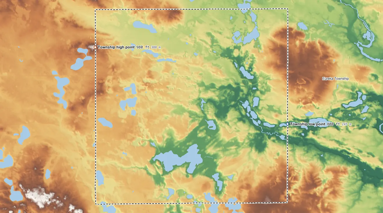 Topographic elevation map of Oakfield Township, Michigan, shaded from 800 ft on the east side to 980 ft on the northwest side