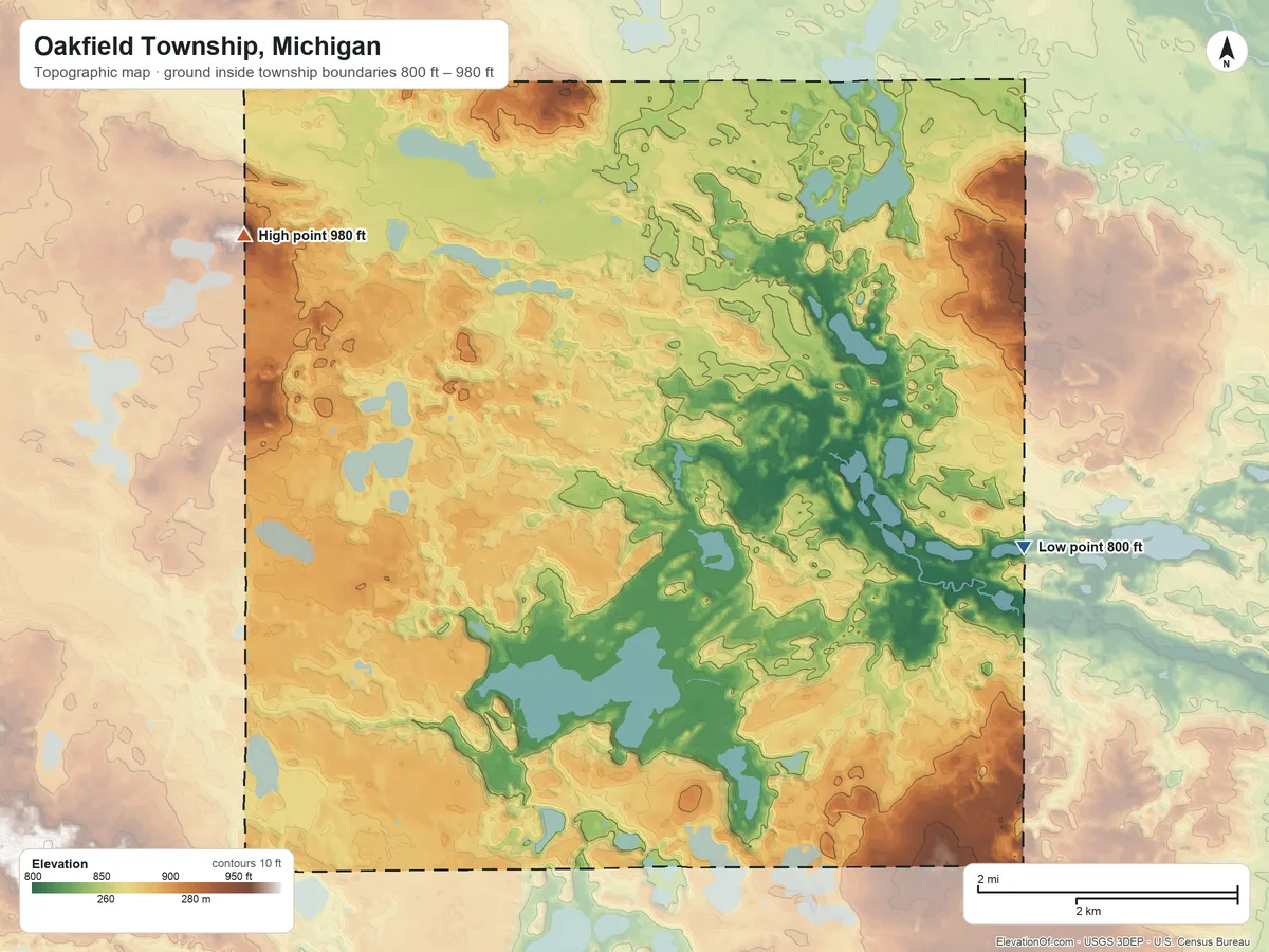Topographic elevation map of Oakfield Township, Michigan, shaded from 800 ft on the east side to 980 ft on the northwest side