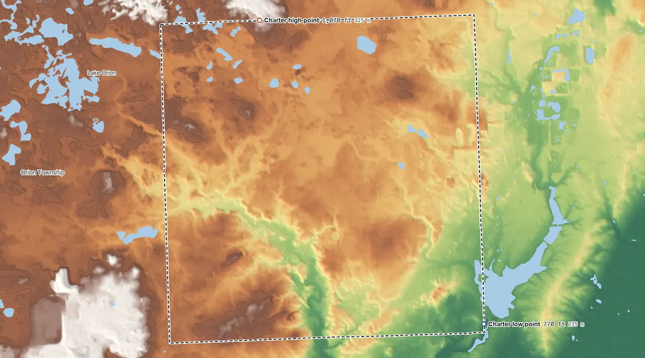 Topographic elevation map of Oakland Township, Michigan, shaded from 770 ft on the southeast side to 1,070 ft on the north side