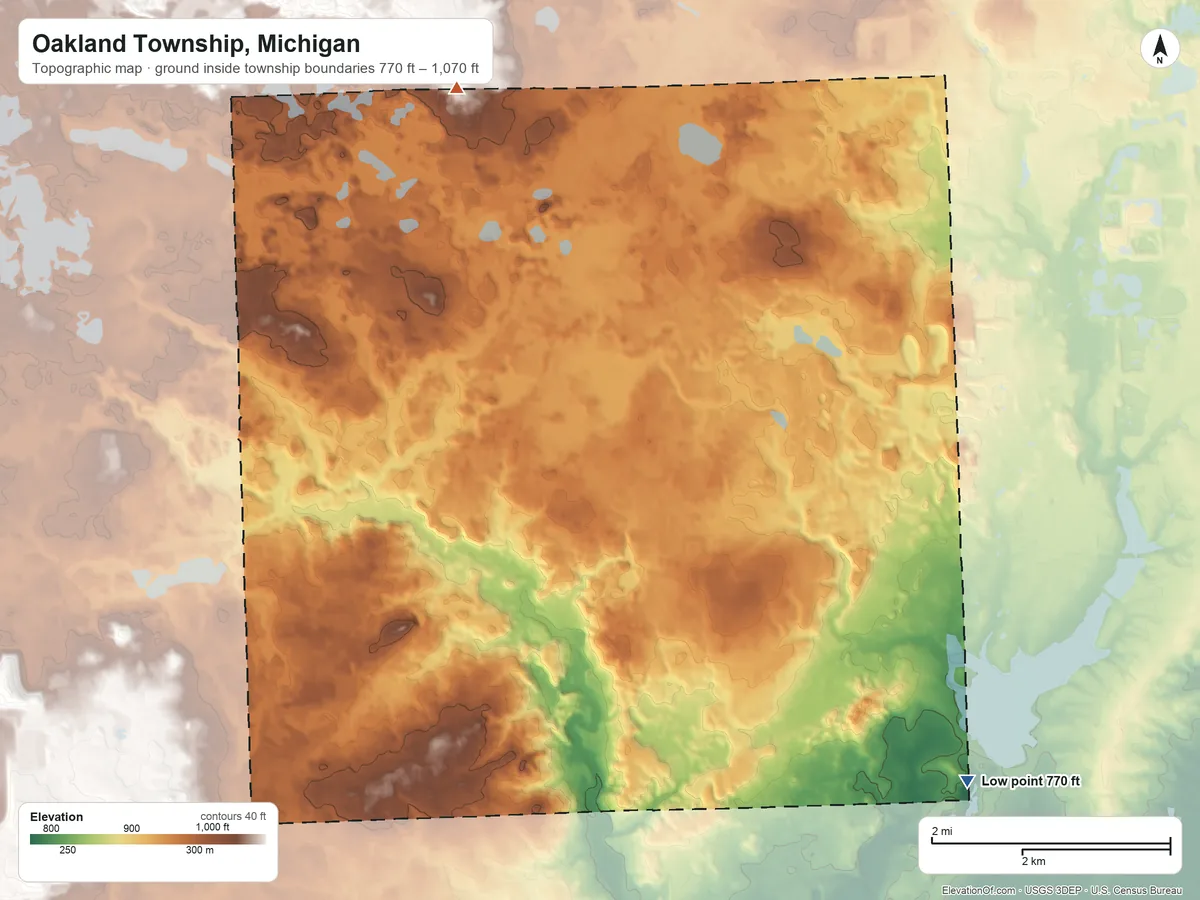 Topographic elevation map of Oakland Township, Michigan, shaded from 770 ft on the southeast side to 1,070 ft on the north side