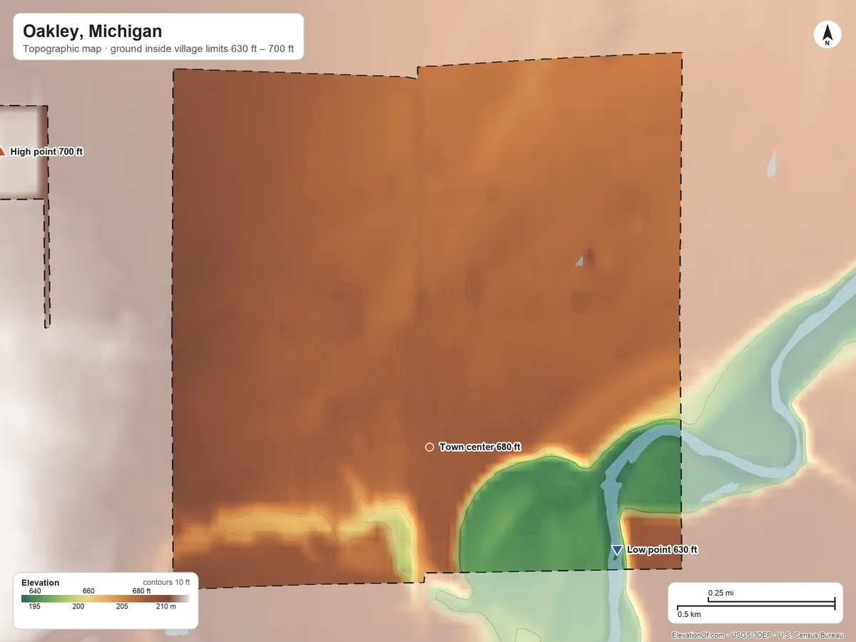 Topographic elevation map of Oakley, Michigan, shaded from 630 ft on the southeast side to 700 ft on the northwest side