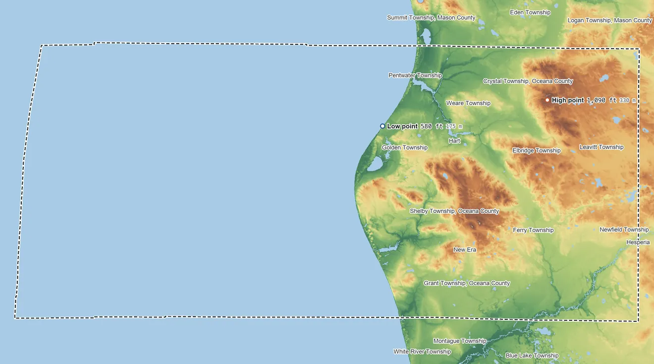 Topographic elevation map of Oceana County, Michigan, shaded from 580 ft on the northeast side to 1,090 ft on the east side