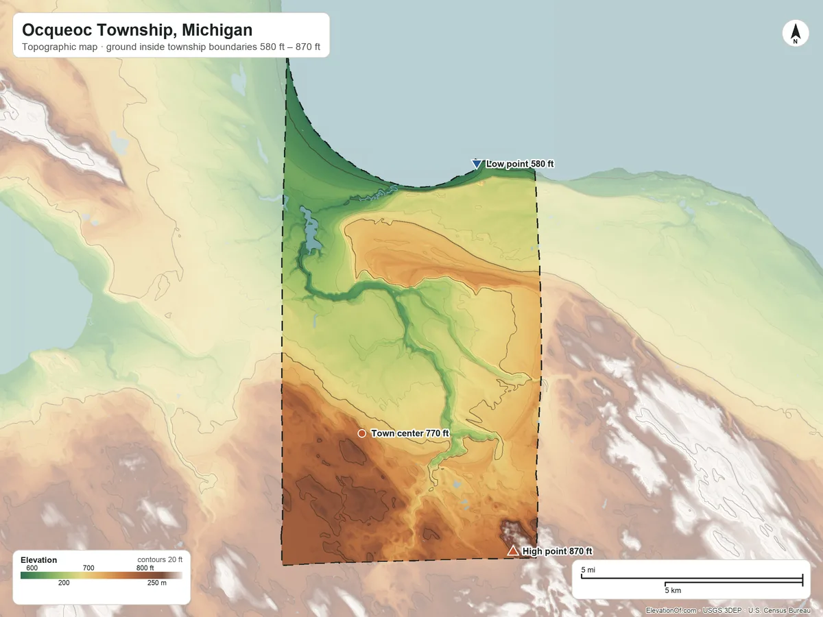 Topographic elevation map of Ocqueoc Township, Michigan, shaded from 580 ft on the northeast side to 870 ft on the southeast side