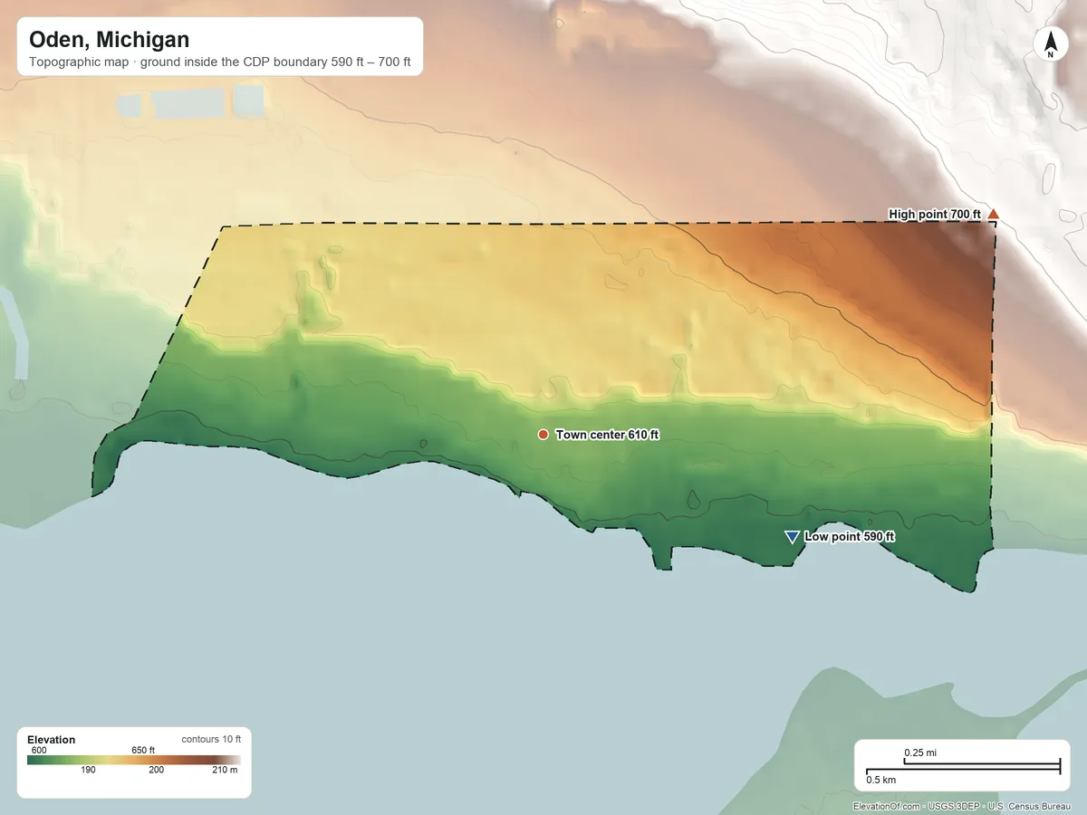 Topographic elevation map of Oden, Michigan, shaded from 590 ft on the east side to 700 ft at the foot of the Chandler Hills