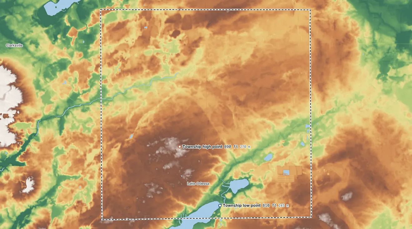 Topographic elevation map of Odessa Township, Michigan, shaded from 810 ft on the southeast side to 890 ft on the northwest side