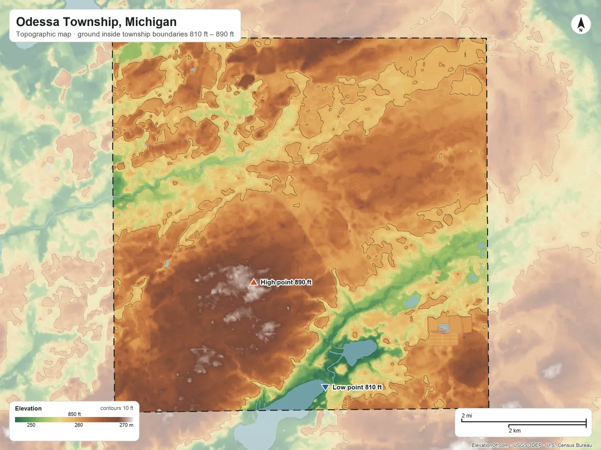 Topographic elevation map of Odessa Township, Michigan, shaded from 810 ft on the southeast side to 890 ft on the northwest side