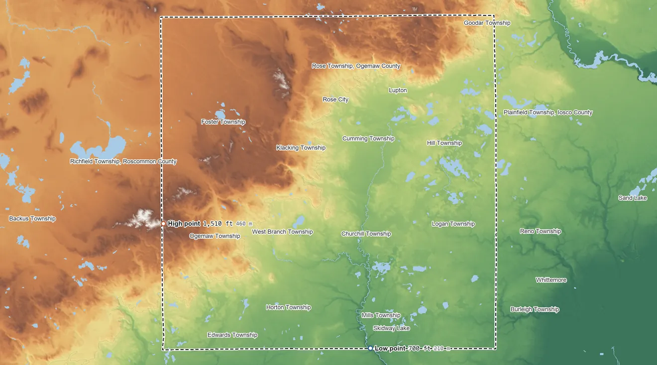 Topographic elevation map of Ogemaw County, Michigan, shaded from 700 ft on the south side to 1,510 ft on the west side