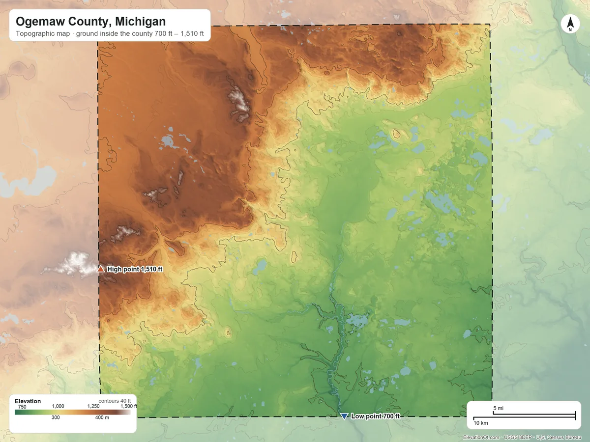 Topographic elevation map of Ogemaw County, Michigan, shaded from 700 ft on the south side to 1,510 ft on the west side