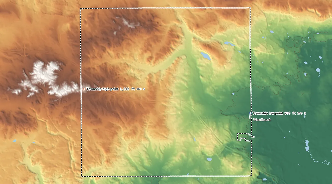 Topographic elevation map of Ogemaw Township, Michigan, shaded from 960 ft on the east side to 1,510 ft on the west side