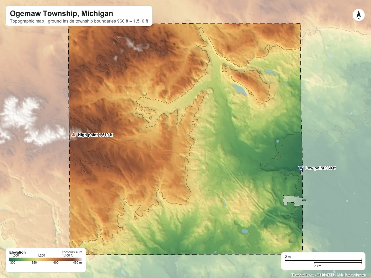 Topographic elevation map of Ogemaw Township, Michigan, shaded from 960 ft on the east side to 1,510 ft on the west side