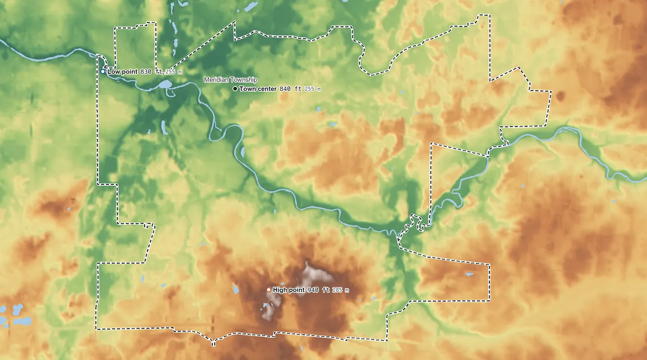Topographic elevation map of Okemos, Michigan, shaded from 830 ft on the west side to 940 ft on the south side